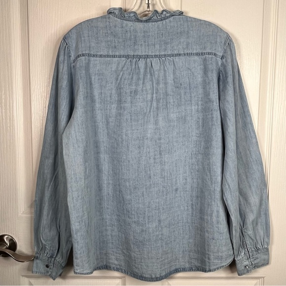 Aaron & Amber Chambray Ruffle Lace Button Front Shirt Sz S Puff Sleeves - Picture 8 of 16